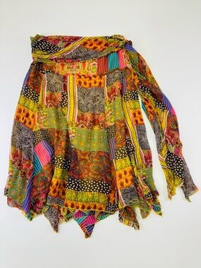 Linea Domani Patchwork Boho Skirt Size 10 Handkerchief Hem Tie Waist Style